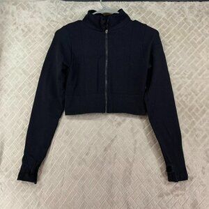 New Mix Athletic Top Womens M Black Textured Long Sleeve Cropped Zip Up Stretch